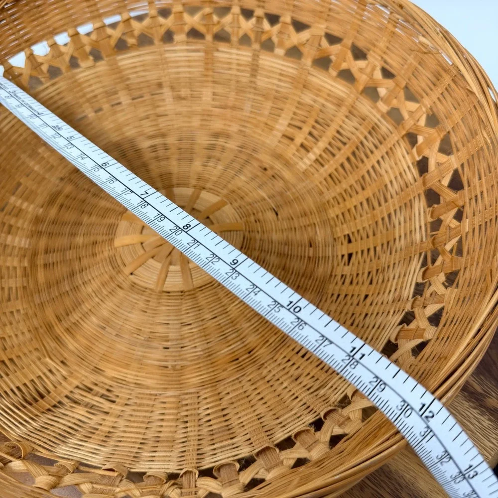 Vintage Woven Bamboo Round Basket Bowl Boho Decor 12 Inch